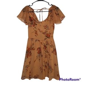 Pinky Dress Women's Sz S Beige Floral Cottage Core Dainty Sheer Chiffon Lined